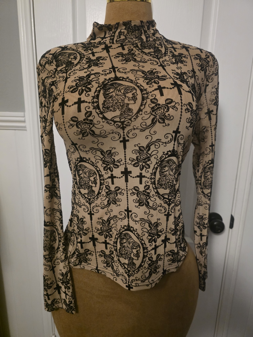 Beige & Black Printed Mock Neck Long-Sleeve Top